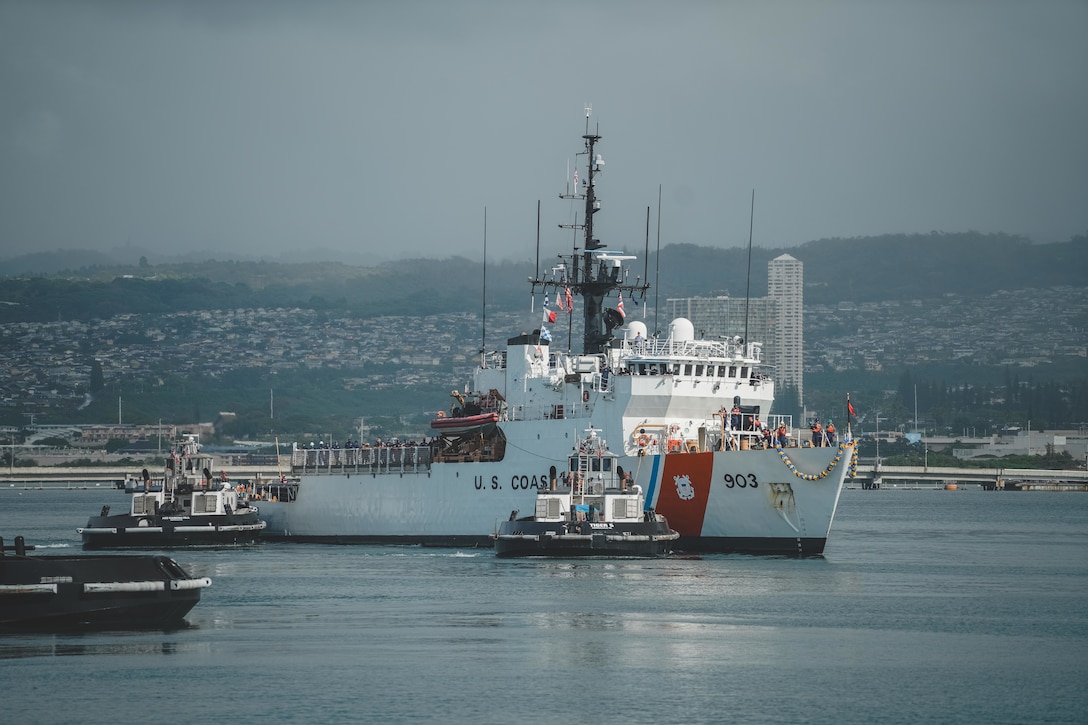 U.S. Coast Guard Cutter Harriet Lane (WMEC 903) and crew arrive at its new homeport at Pearl Harbor, Dec. 14, 2023, after transiting more than 9,440 miles over 35-days from Portsmouth, Virginia. The Harriet Lane is U.S. Coast Guard Pacific Area’s newest Indo-Pacific support cutter and spent more than 15 months in a Service Life Extension Program (SLEP) in Baltimore, Maryland, to prepare for the transition in missions and operations. Following reconstitution of the crew in July and returning to Portsmouth in August, the crew went through an extensive dockside period, ensuring the cutter was ready for the transit from the Atlantic Ocean to the Pacific Ocean. (U.S. Coast Guard photo)