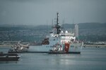 U.S. Coast Guard Cutter Harriet Lane (WMEC 903) and crew arrive at its new homeport at Pearl Harbor, Dec. 14, 2023, after transiting more than 9,440 miles over 35-days from Portsmouth, Virginia. The Harriet Lane is U.S. Coast Guard Pacific Area’s newest Indo-Pacific support cutter and spent more than 15 months in a Service Life Extension Program (SLEP) in Baltimore, Maryland, to prepare for the transition in missions and operations. Following reconstitution of the crew in July and returning to Portsmouth in August, the crew went through an extensive dockside period, ensuring the cutter was ready for the transit from the Atlantic Ocean to the Pacific Ocean. (U.S. Coast Guard photo)