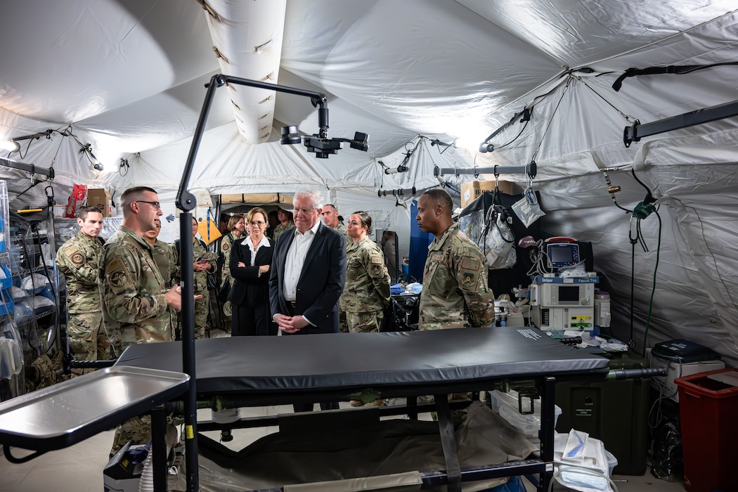 Secretary of the Air Force Frank Kendall tours a medical facility during a visit to an undisclosed location in the Central Command Area of Responsibility