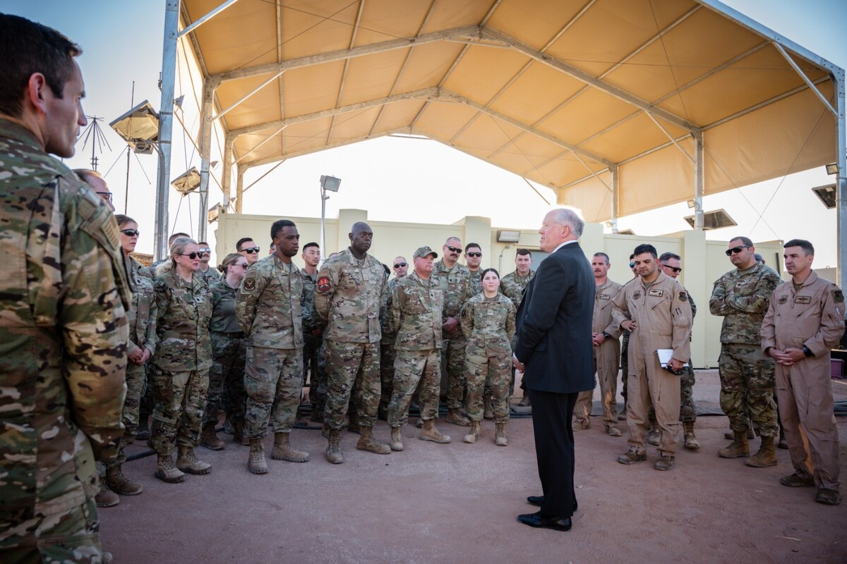 SECAF Frank Kendall addresses Airmen at an undisclosed location in the CENTCOM area of responsibility