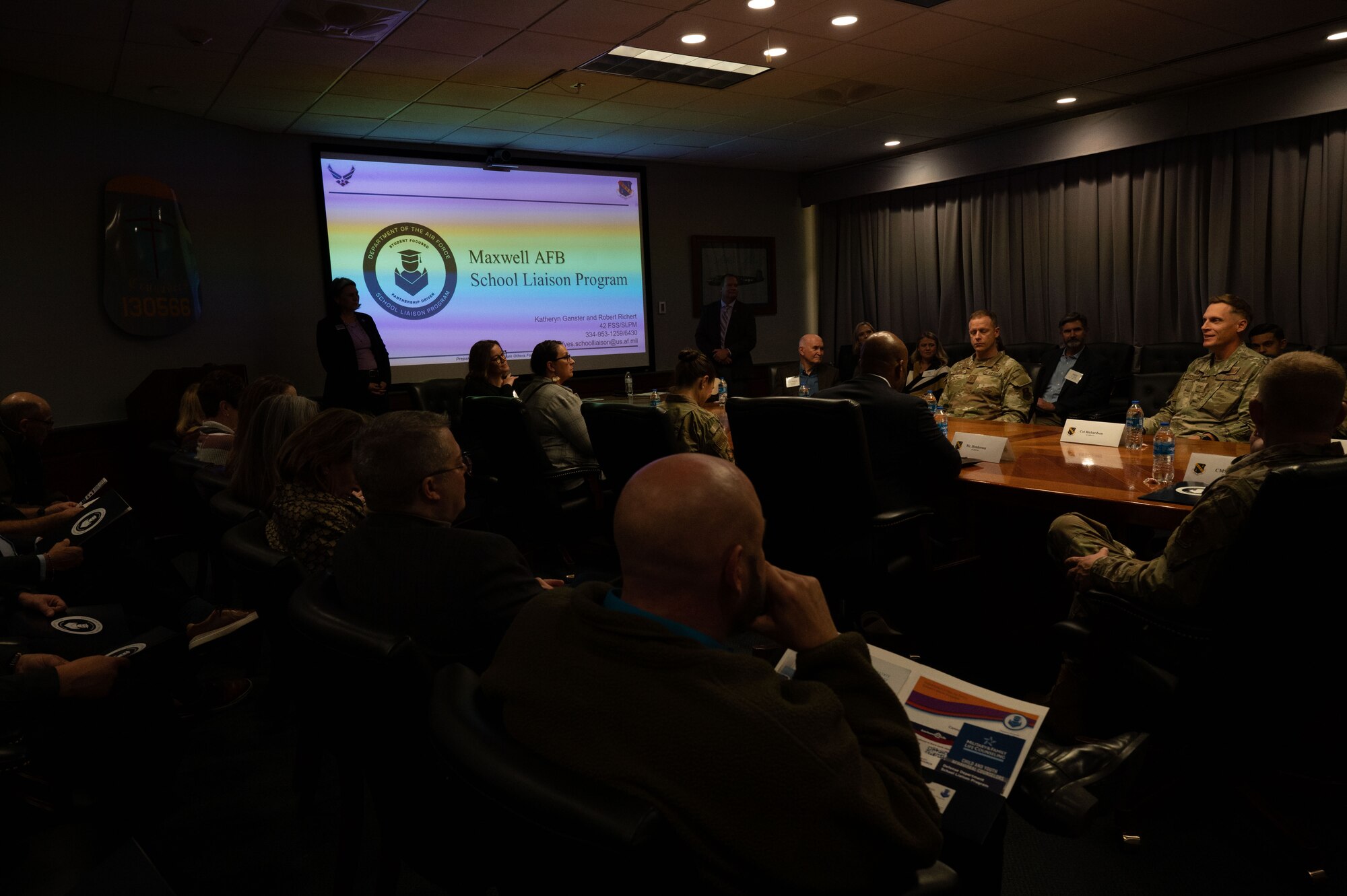 During a civic leader tour, community members were briefed by the School Liaison program members
