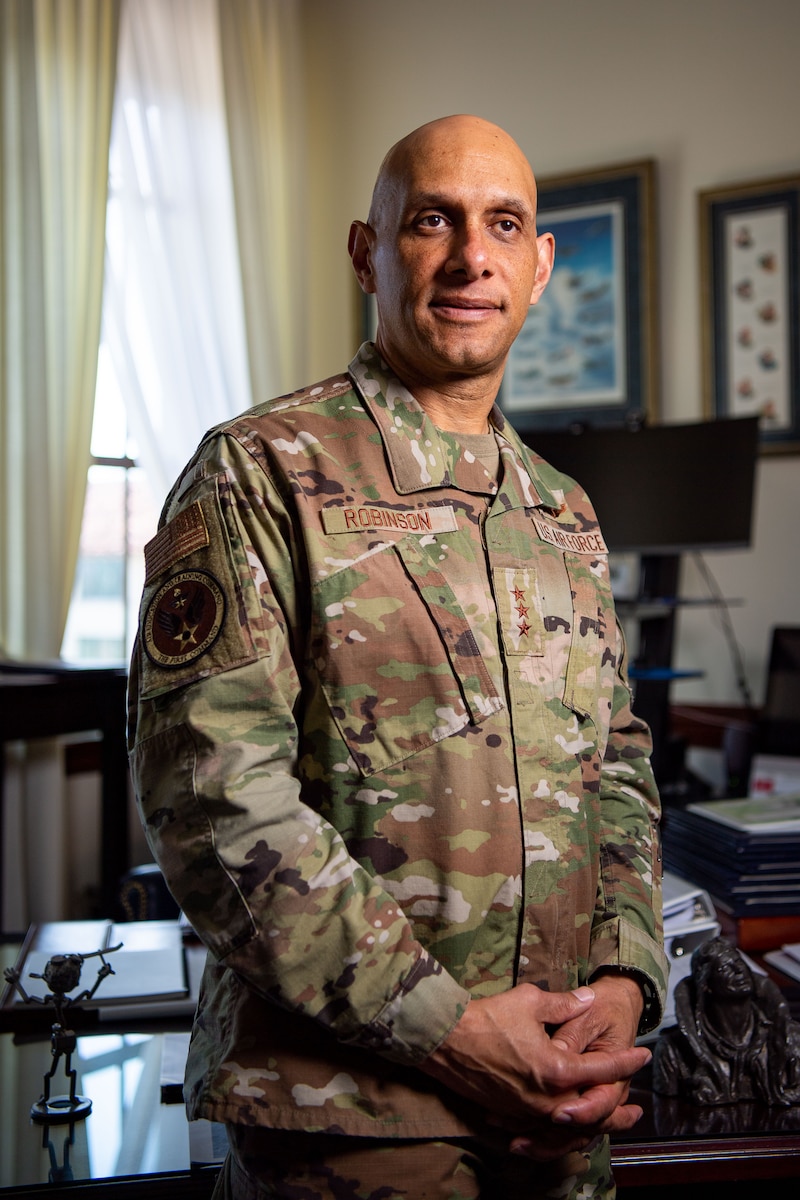 Lt. Gen. Brian Robinson, commander of the Air Education and Training Command, poses for a photo in his office at Joint Base San Antonio-Randolph, Texas, Feb. 27, 2023. Robinson took the reins of AETC in 2022 and has since focused on ensuring Airmen are being developed and empowered at every level of their education and training to maintain their readiness and have confidence in their capabilities. (U.S. Air Force photo by Tech. Sgt. Janiqua P. Robinson)