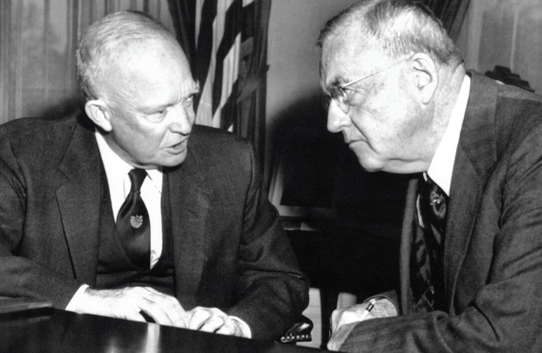 President Dwight D. Eisenhower and Secretary of State John Foster Dulles at the White House, December 11, 1957