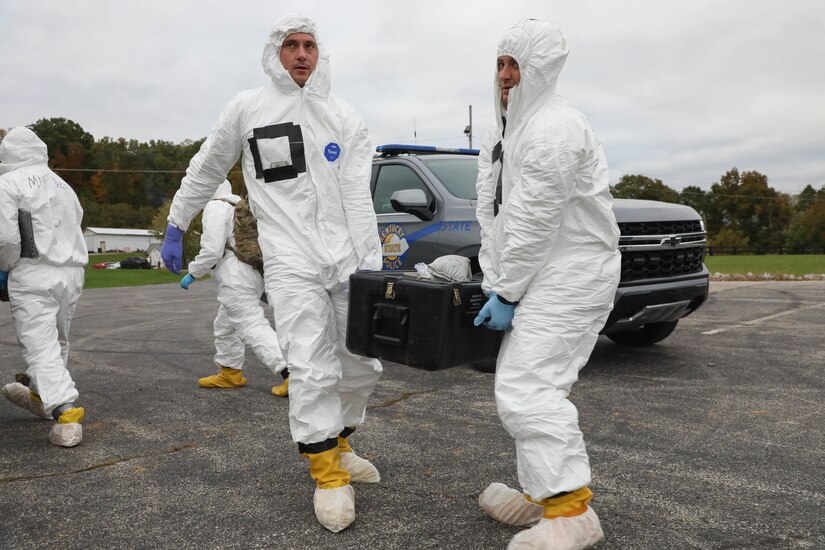 Soldiers with the 20th Chemical, Biological, Radiological, Nuclear, Explosives (CBRNE) Command, the U.S. military’s premier CBRNE formation out of Aberdeen Proving Ground, Maryland, carry radiological detection equipment during an exercise in Frankfort, Kentucky, Oct. 8, 2023.
