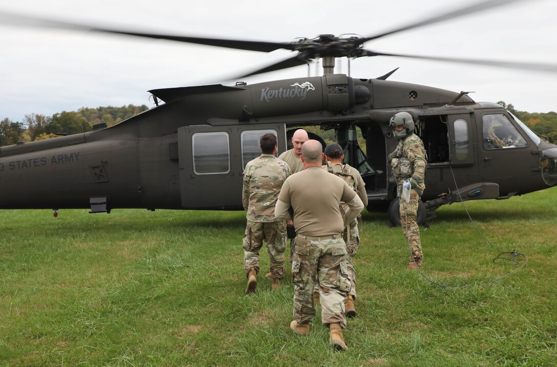 Kentucky Army National Guard UH-60 Black Hawk helicopter is loaded with radiological detection equipment during Prominent Hunt 24-1 interagency exercise in Frankfort, Kentucky, Oct. 8, 2023.