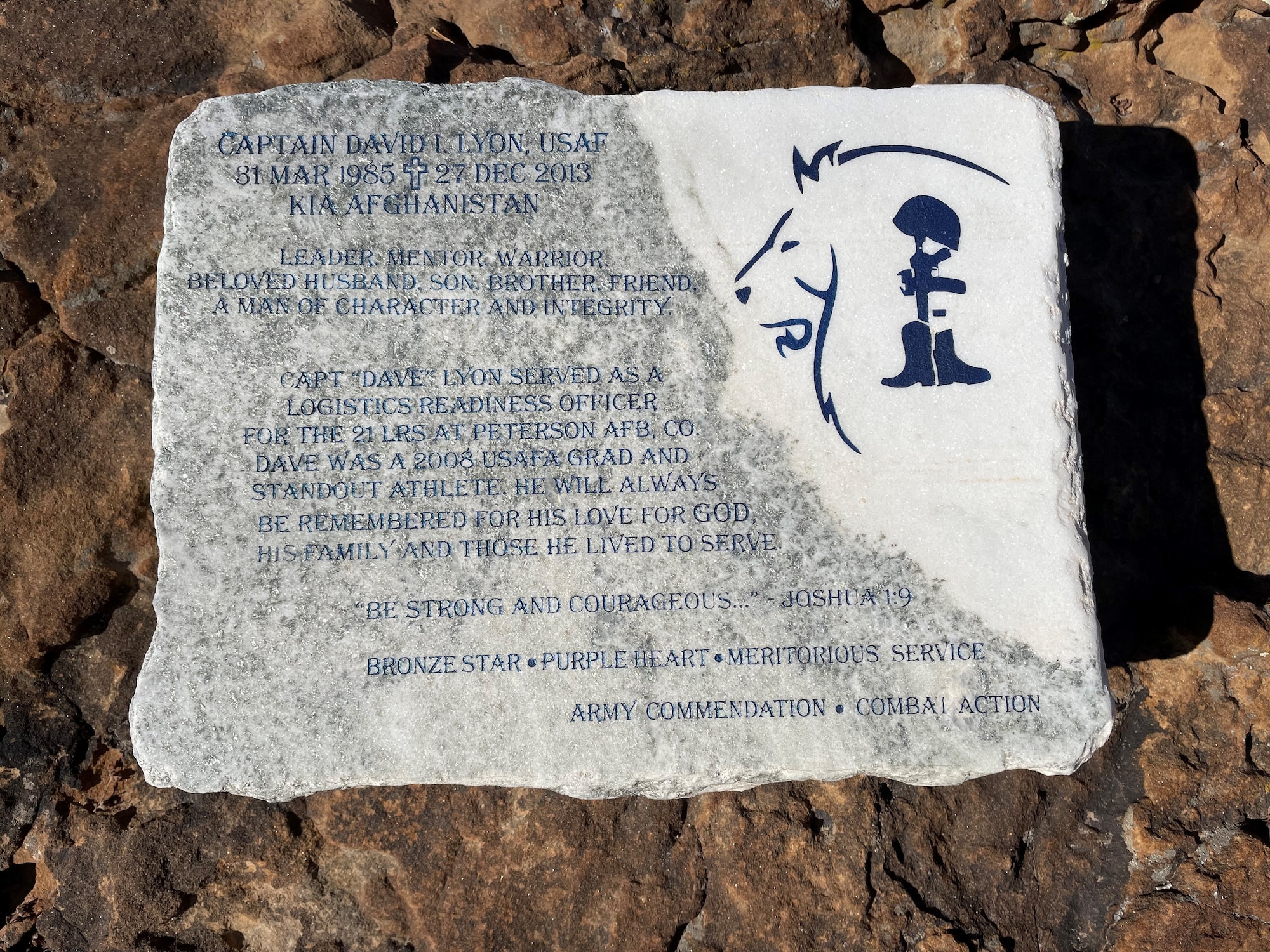 Engraved stone at Captain David Lyon Memorial Park.