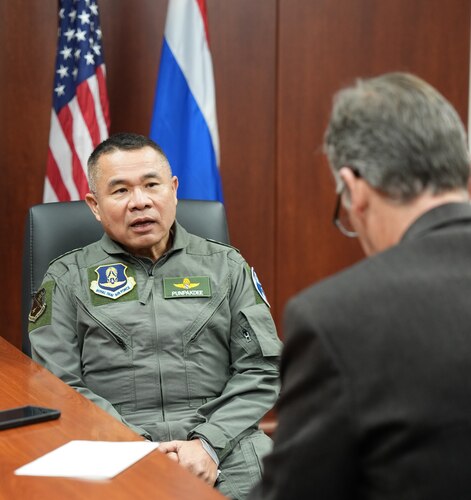 Royal Thai Air Force Commander-in-Chief Air Marshal Punpakdee Pattanakul sits for an Air University Public Affairs interview during his visit to the university, Dec. 12, 2023, Maxwell Air Force Base, Alabama. His visit was a continuation of the Chief of Staff of the Air Force Counterpart Visits. The visits facilitate key leader engagements and highlight the service’s units, organizations and installations. (U.S. Air Force photo by Billy Blankenship)