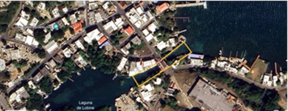 Yellow highlighted are in photo depicts Safety Zone established by the Coast Guard Captain of the Port in Puerto Rico for a collapsing bridge in Culebra, Puerto Rico, Dec. 12, 2023.  The safety zone has been established to protect life and property within the navigable waterway until the bridge replacement project is completed, and it extends 50 yards along the waterway on either side of the bridge. (Coast Guard graphic)
