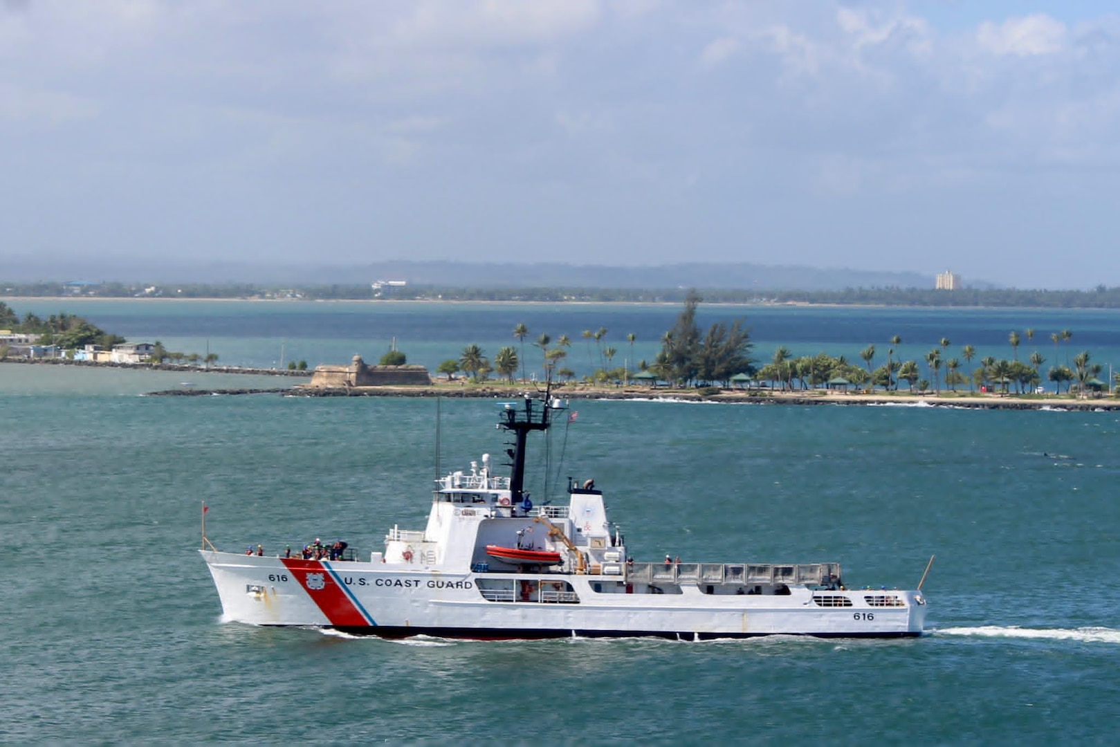 U.S. Coast Guard Cutter Diligence (WMEC 616) enters port in San Juan, Puerto Rico, Nov. 3, 2023. Diligence conducted a Caribbean Sea patrol in support of Joint Interagency Task Force South.