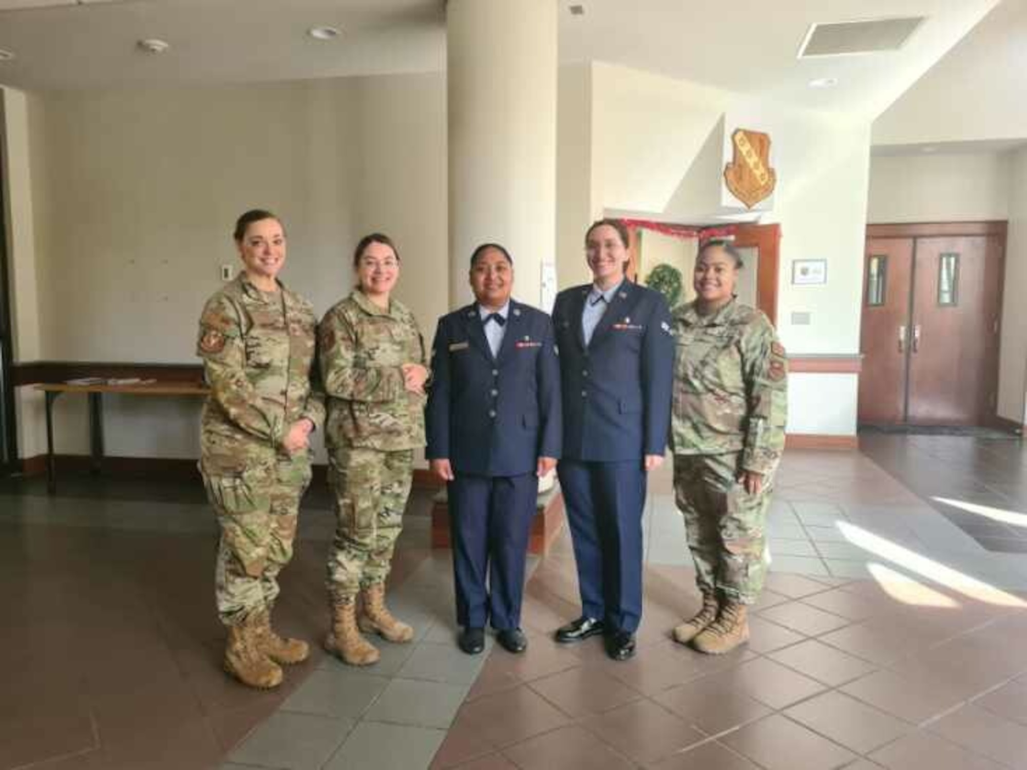 Airman pose for a photo at Maxwell Air Force Base. Team Maxwell-Gunter re-established in-person panels for Airman 1st Class promoting to Senior Airman under the Senior Airman Below the Zone program, August 2023.