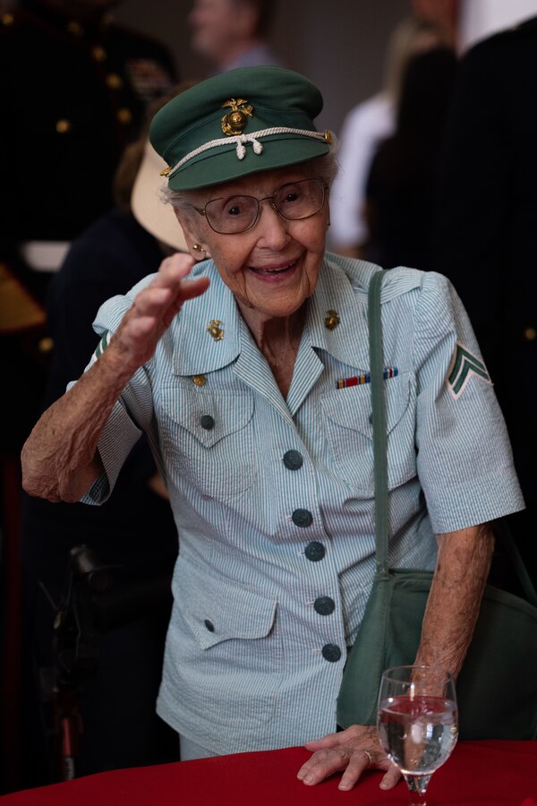 Retired U.S. Marine Corps Cpl. Dorothee Irwin, a Palm Springs, California native, World War II veteran, salutes during the 26th annual Palm Springs Veterans Day Parade in Palm Springs, California, Nov. 11, 2023. The Marine Corps Air-Ground Combat Center participates in the Palms Springs Veterans Day parade annually, allowing Marines and Sailors to connect with the local community. (U.S. Marine Corps photo by Cpl. Breanna Eason)