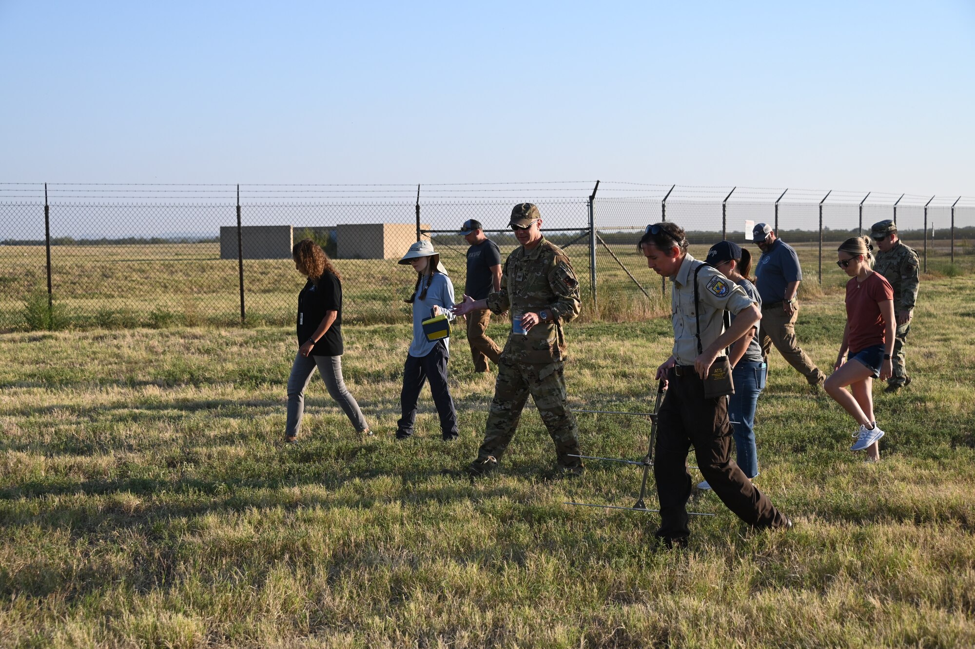 Airmen from the 97th Air Mobility Wing search for Texas horned lizards at Altus Air Force Base, Oklahoma, Sept. 9, 2023. Airmen from the 97th Civil Engineer Squadron’s environmental element recently started a program to track the lizards’ abundance and range on the base.(U.S. Air Force photo by Airman 1st Class Kari Degraffenreed)