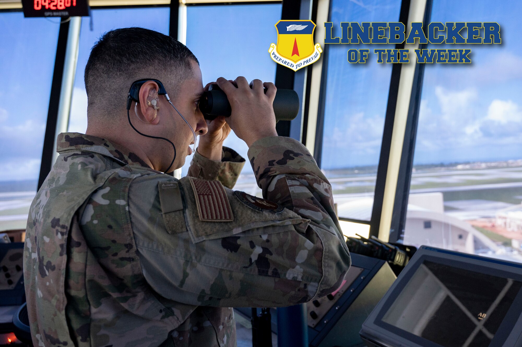 U.S. Air Force Staff Sgt. Justin Vaillant, the air traffic control tower senior watch supervisor, looks through binoculars from the ATC at Andersen Air Force Base, Guam, Dec. 6, 2023. The Team Andersen Linebacker of the Week recognizes outstanding enlisted, officer, civilian and total force personnel who have had an impact on achieving Team Andersen’s mission, vision and priorities. (U.S. Air Force photo illustration by Senior Airman Emily Saxton)