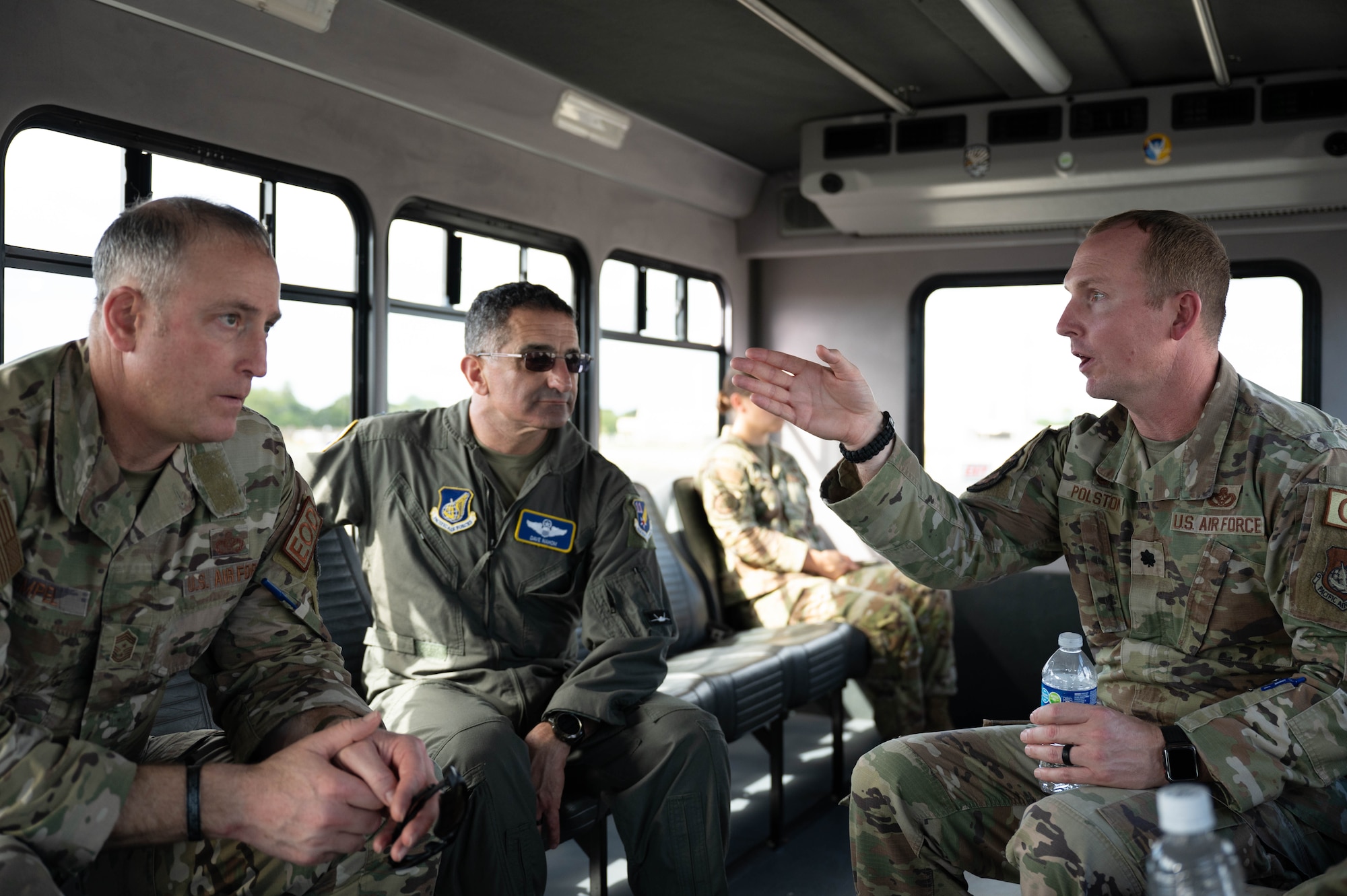 U.S. Air Force Lt. Col. Jonathan Polston, 647th Civil Engineering Squadron commander, briefs U.S. Air Force Lt. Gen. David Nahom, commander of Alaskan NORAD Region, Alaskan Command and Eleventh Air Force, during a tour of the 15th Wing at Joint Base Pearl Harbor-Hickam, Hawaii, Dec. 7, 2023. Polston spoke on the operational infrastructure throughout the 15th Wing and how that enables air mobility, readiness and force projection in the Indo-Pacific region. (U.S. Air Force photo by 2nd Lt. Margaret Blice)