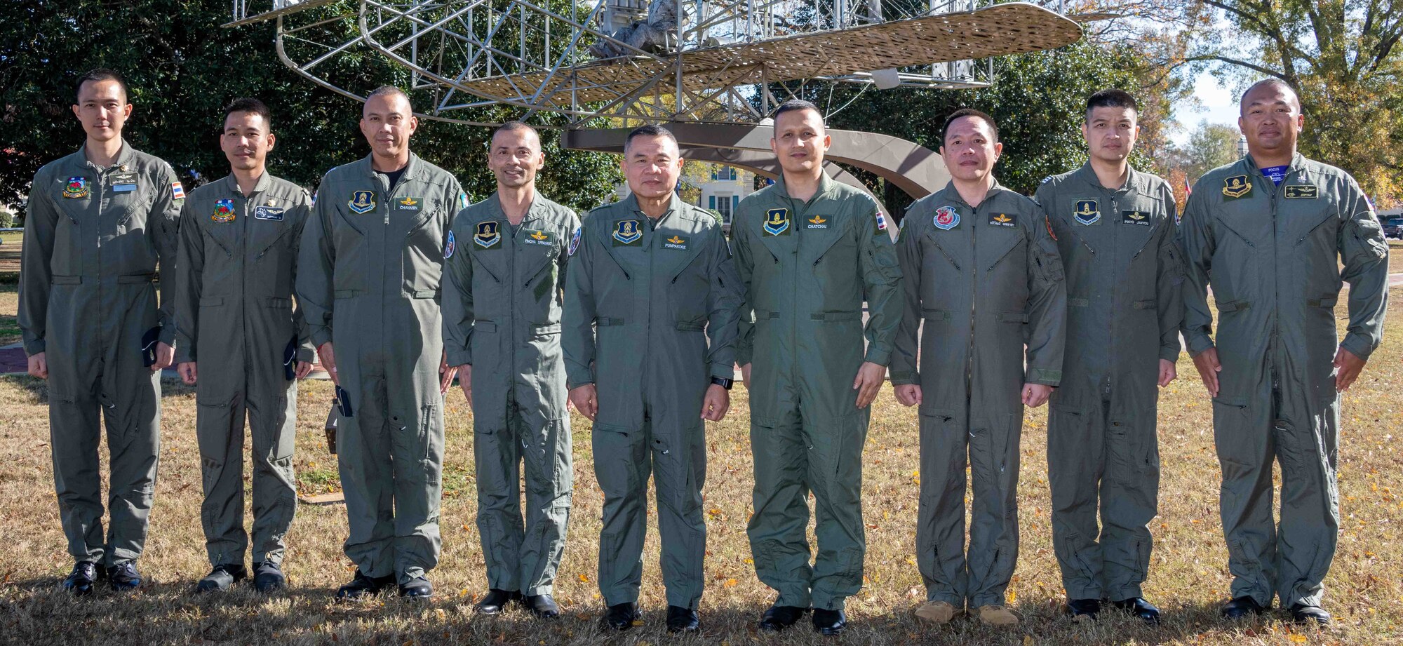 Royal Thai Air Force Commander-in-Chief Air Marshal Punpakdee Pattanakul and his staff met with the five RTAF officers currently attending Air University schools during his visit to Maxwell Air Force Base, Alabama, Dec. 12, 2023. During his first visit to Air University since assuming his position in October 2023, Punpakdee was briefed on the university’s recognition and family programs for international military students, Air Force officer and enlisted corps leadership development and the capabilities of the Air Force Wargaming Center.