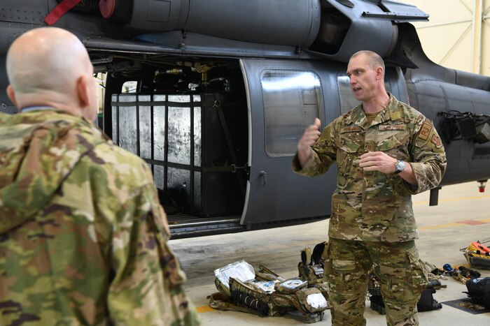 U.S. Air Force Airmen speaks on the 57th Rescue Squadron