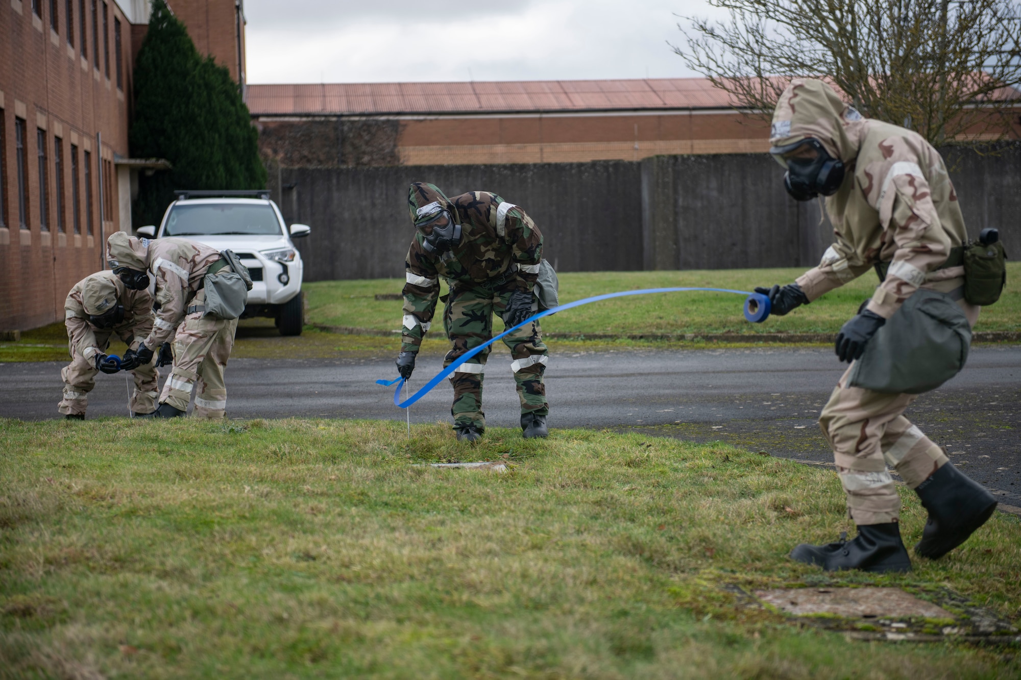 Airmen from the 422d Communications Squadron participate in chemical, biological, radiological and nuclear defense training at RAF Barford St. John
