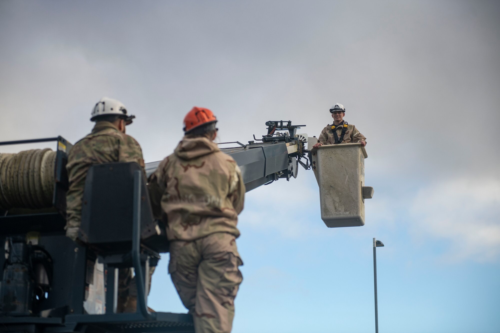 Airmen from the 422d Communications Squadron participate in bucket truck training at RAF Barford St. John