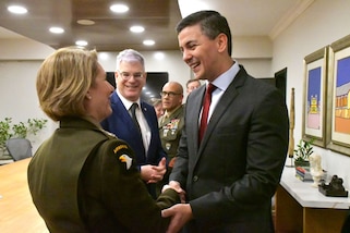 U.S. Army Gen. Laura Richardson is greeted by Paraguayan President Santiago Peña.