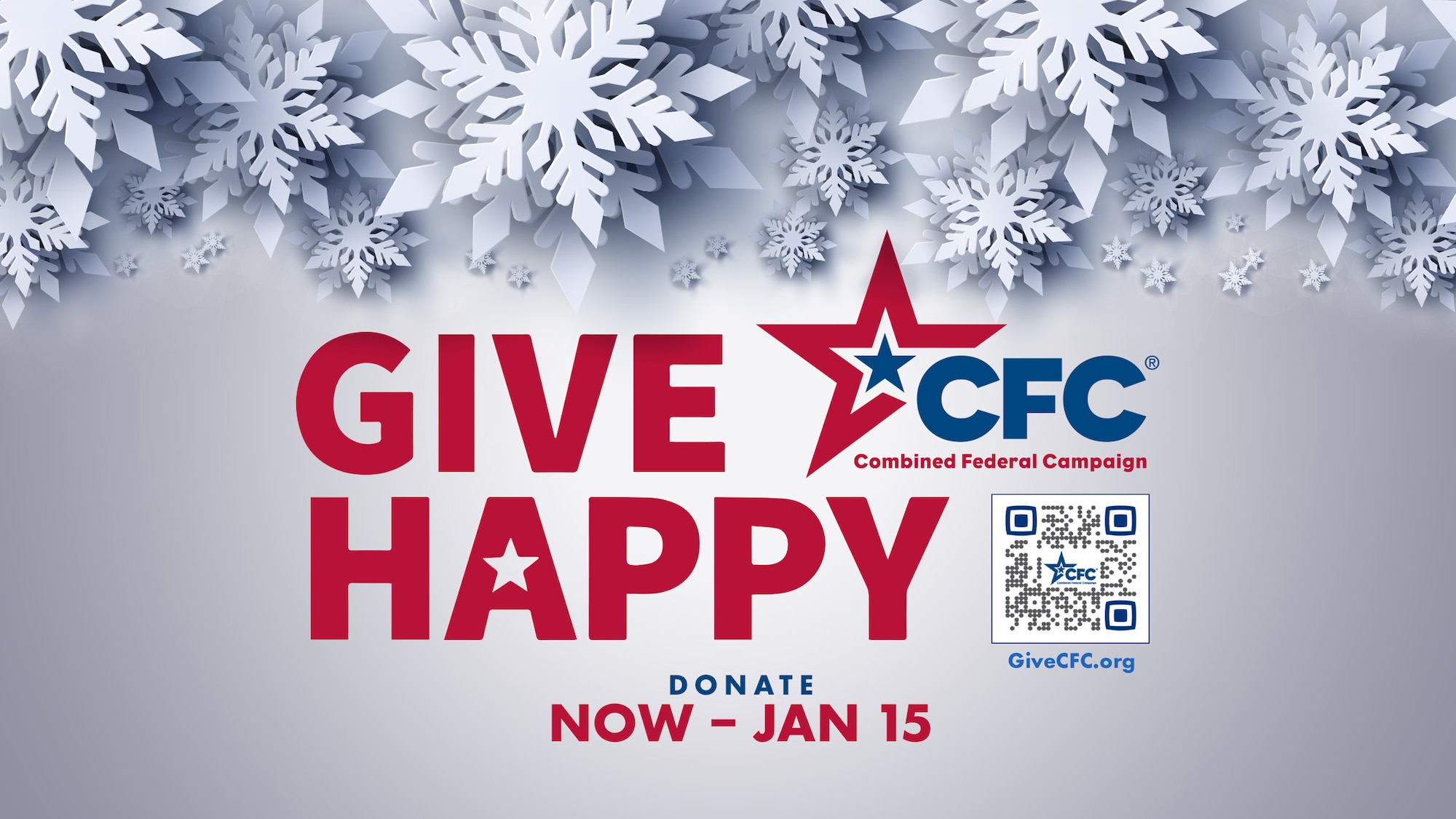 Graphic featuring the CFC logo, the theme Give Happy and a QR code to giveCFC.org.