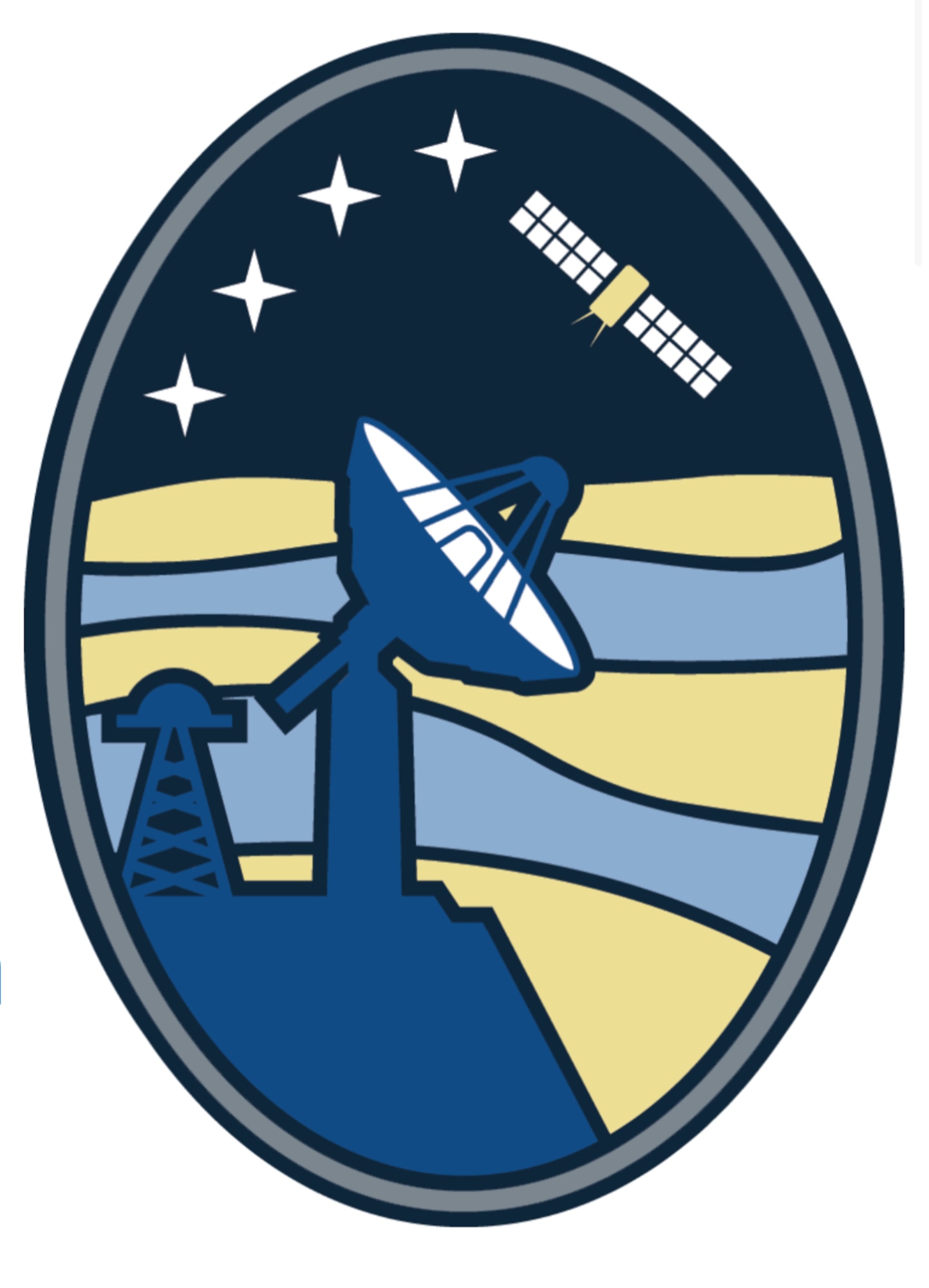 A photo of ground antennae pointed at a satellite with four four-pointed stars.