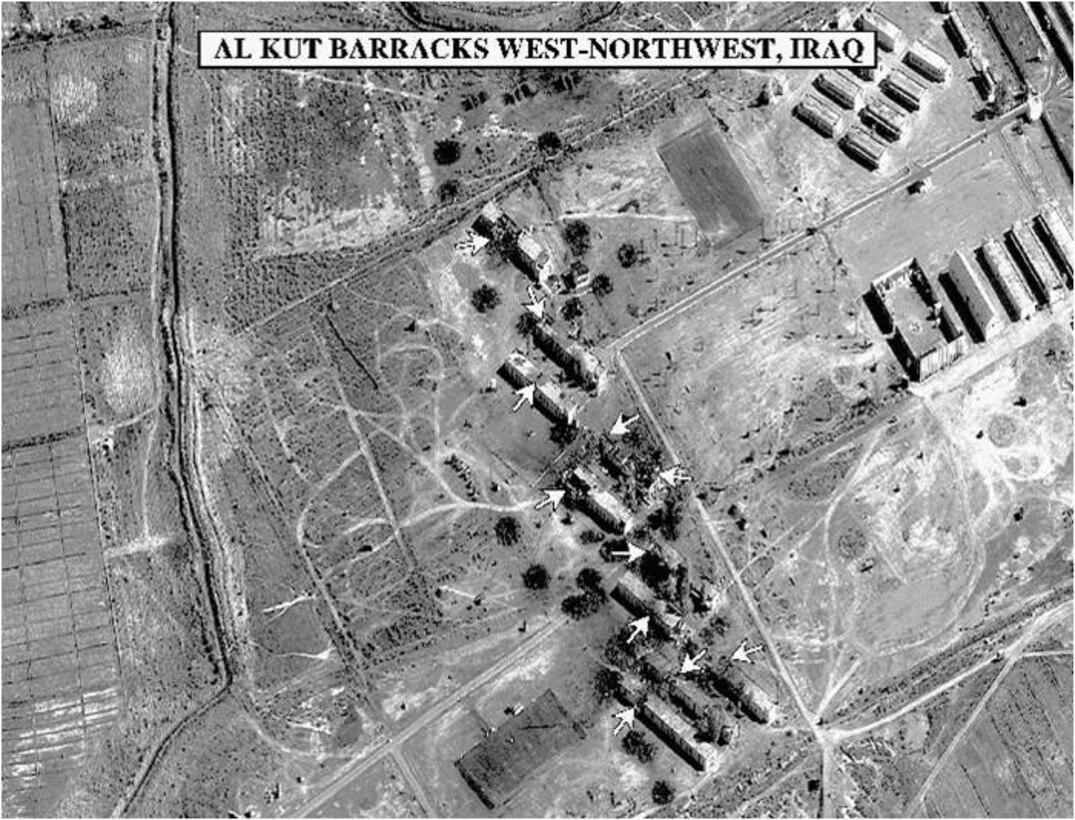 Battle damage assessment of the Al Kut Republican Guard barracks in western Iraq after the first B-1 bomber dropped munitions on it during Operation Desert Fox, December 1998.