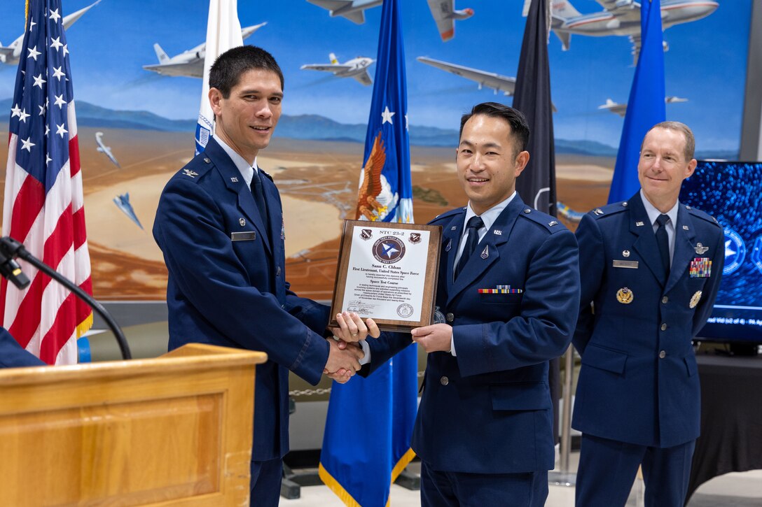 U.S. Space Force 1st Lt. Saan Chhan, Operations Support Flight Commander at the 64th Cyberspace Squadron, graduates from the Space Test Course at Edwards Air Force Base, Calif., Nov. 17, 2023. The mission of STC is to produce adaptive, critical-thinking test professionals to conduct full-spectrum test and evaluation of space-operations systems. The curriculum is designed to provide students with tailored education covering test planning, test execution, analysis, and reporting. (U.S. Air Force photo by Nicolas Cholula)