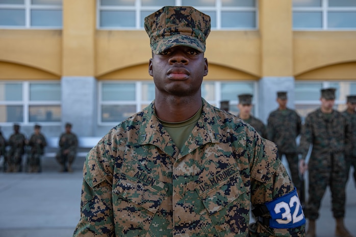 U.S. Marine Corps Pfc. Deoric Allen, with Lima Company, 3rd Recruit Training Battalion, participates in a battalion commander's inspection at Marine Corps Recruit Depot San Diego, Dec. 13, 2023. The battalions commander’s inspection surveys new Marines knowledge, bearing, and attention to detail as one of their last tests before graduating. Lopez was recruited out of North East, San Antonio, Texas. (U.S. Marine Corps photo by Lance Cpl. Sarah M. Grawcock)