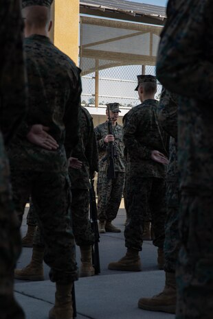 U.S. Marine Corps Lt. Col. Matthew Phelps, the 3rd battalion commander, inspects Marines with Lima Company, 3rd Recruit Training Battalion during a battalion commander inspection at Marine Corps Recruit Depot San Diego, Dec.13, 2023. The battalion commander’s inspection surveys new Marines knowledge, bearing, and attention to detail as one of their last tests before graduating. Andino was recruited out of Tyler, Texas. (U.S. Marine Corps photo by Lance Cpl. Sarah M. Grawcock)