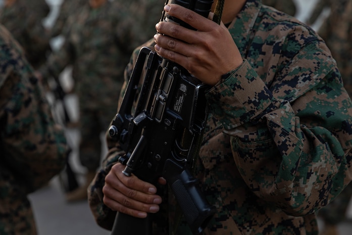 U.S. Marine Corps Pfc. Christine Lopez with Lima Company, 3rd Recruit Training Battalion, participates in a battalion commander's inspection at Marine Corps Recruit Depot San Diego, Dec. 13, 2023. The battalion commander’s inspection surveys new Marines knowledge, bearing, and attention to detail as one of their last tests before graduating. Lopez was recruited out of Northeast San Antonio, Texas. (U.S. Marine Corps photo by Lance Cpl. Sarah M. Grawcock)
