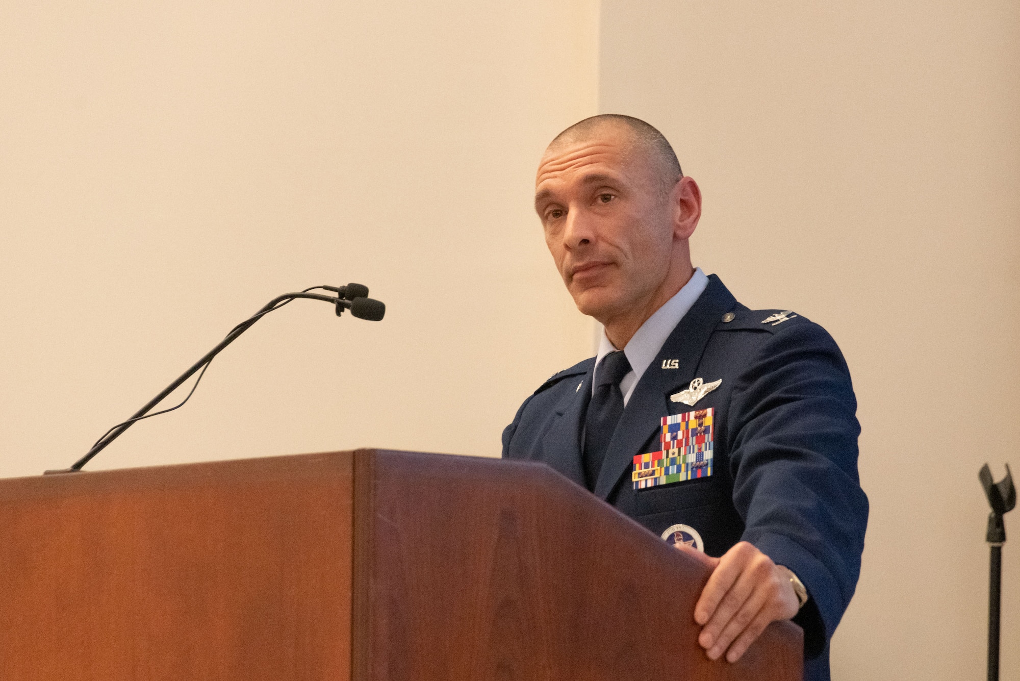 Col. Derrick J. Iwanenko accepted command as commandant of Officer Training School from Col. Keolani Bailey during a change of command ceremony,  Dec. 15, 2023.
Brig. Gen. Houston Cantwell, commander of the Jeanne M. Holm Center for Officer Accessions and Citizen Development, officiated the ceremony.