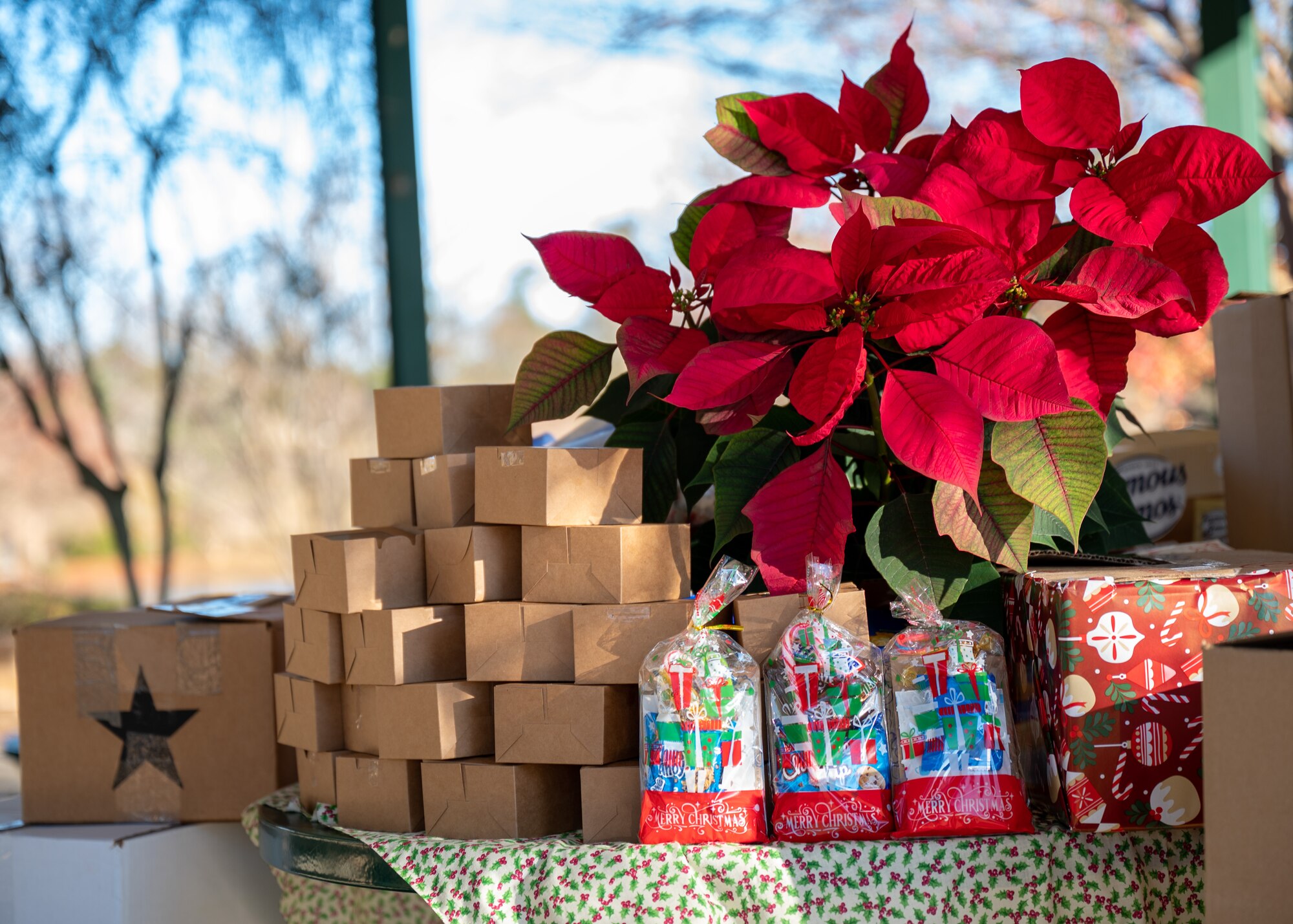 Various boxes, goodie bags and an arrangement of flowers sit on a table.