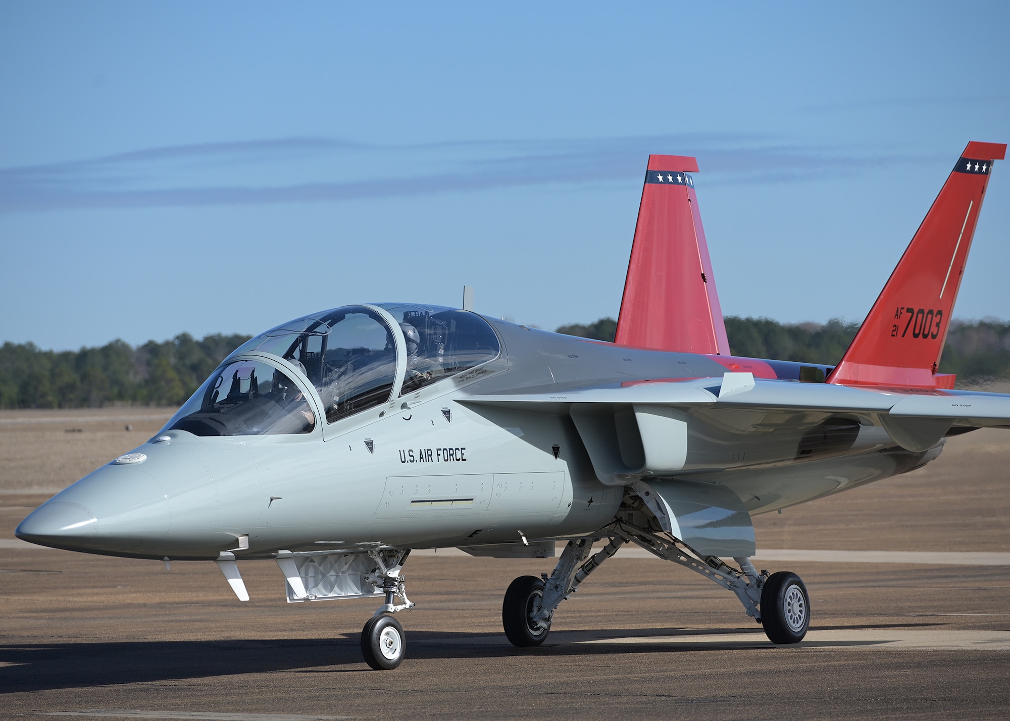 A T-7A Red Hawk is taxied to a refueling location.