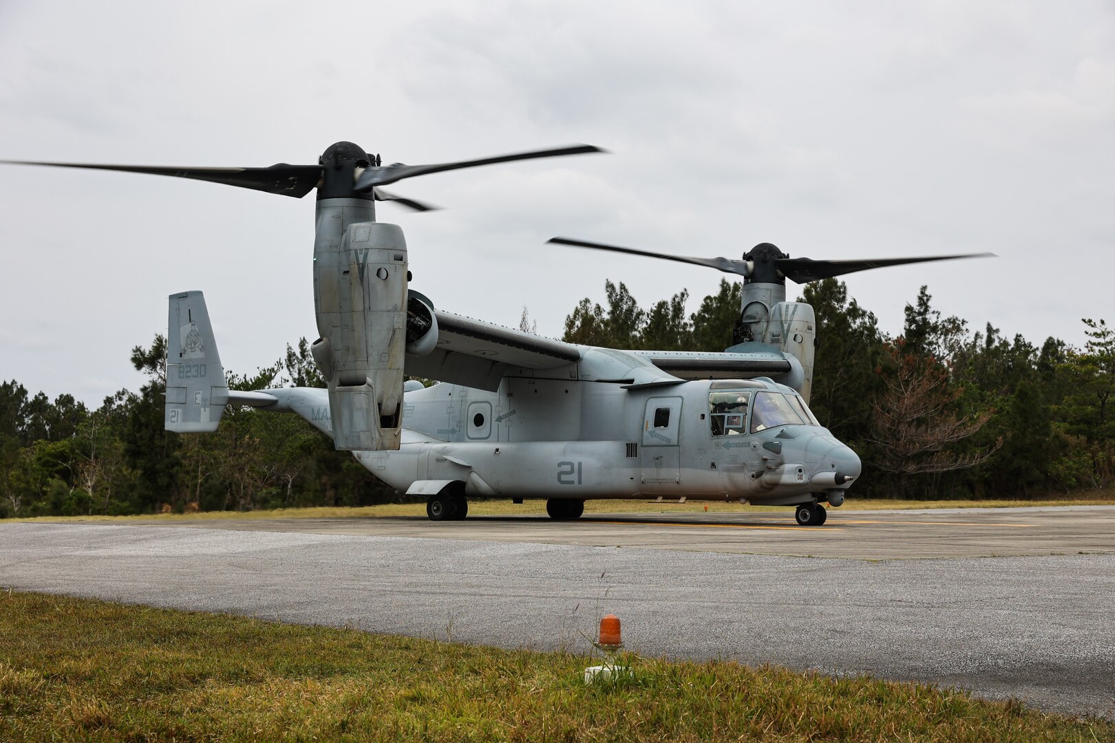 A U.S. Marine Corps MV-22B Osprey assigned to Marine Medium Tiltrotor Squadron 262 prepares for takeoff during Stand-in Force Exercise 24 at Camp Hansen, Okinawa, Japan, Dec. 1, 2023. SIFEX 24 is a division-level exercise involving all elements of the Marine Air-Ground Task Force focused on strengthening multi-domain awareness, maneuver, and fires across a distributed airtime environment.