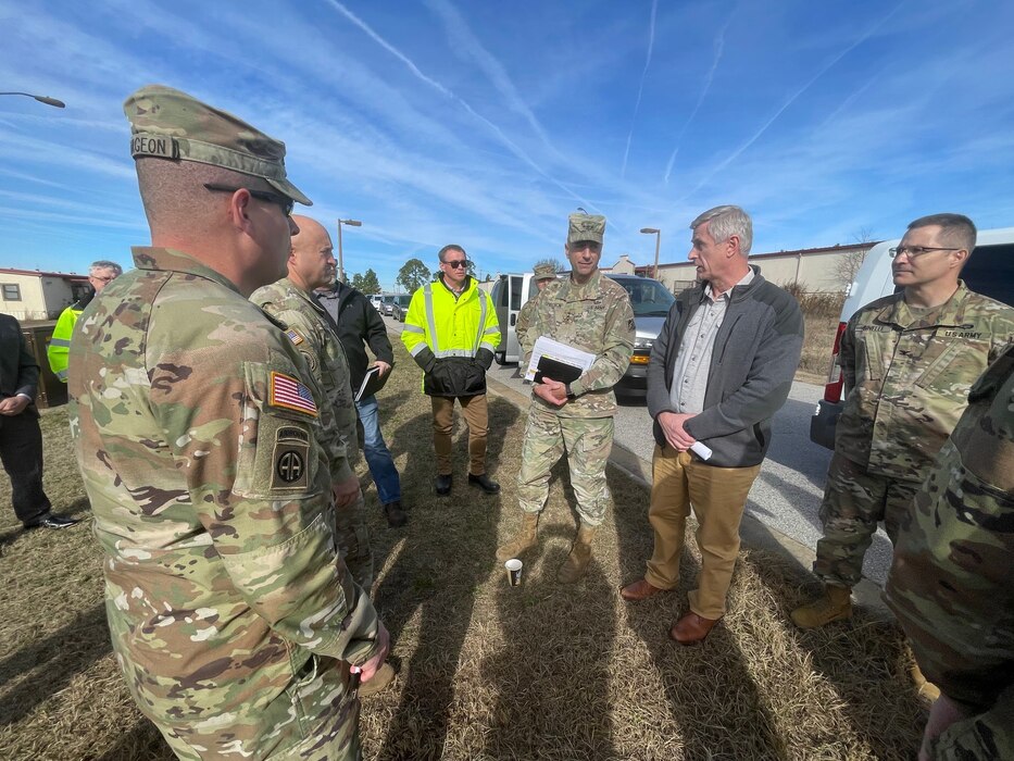 Lt. Gen. Scott Spellmon, 55th chief of engineers and commanding general of the U.S. Army Corps of Engineers, visited Fort Liberty, N.C., Dec. 13 with Lt. Gen. Christopher Donahue, commanding general of the XVIII Airborne Corps and Fort Liberty; Col. Ron Sturgeon, USACE, Savannah District commander, and the construction team to see the progress of the Smoke Bomb Hill Barracks renovation after the construction process began one year ago. The 1970s style volar barracks were identified as unsustainable in August 2022, and the USACE teams conducting the construction over the past year included the Savannah District’s Military Construction Program, the Omaha District’s Rapid Disaster Infrastructure Program, Huntsville’s Facilities Reduction Program experts and the contractor, Conti Federal Services.