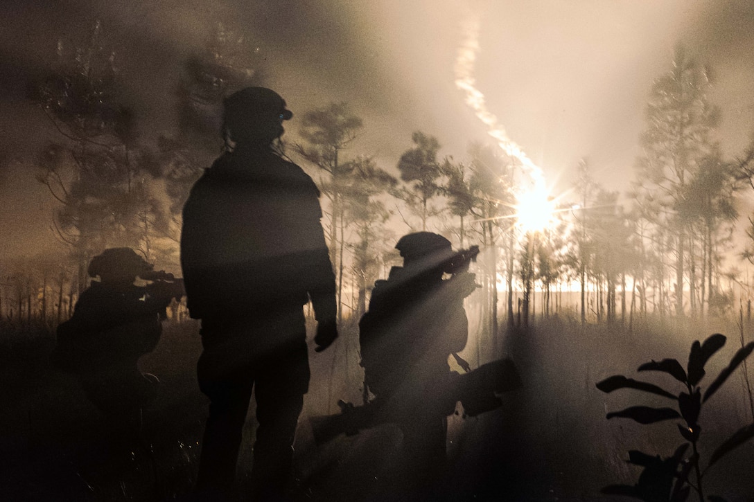 Marines watch as a flare lights up the sky.