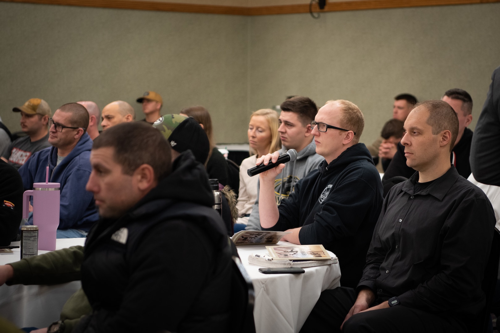 Airmen from the 128th Air Refueling Wing convened at the Oak Creek Community Center for a seminar on dealing with difficulties incurred by military service called Brothers at War and sponsored by the Gary Sinise Foundation, Dec. 3, 2023. The event. coordinated by the Airman & Family Readiness Center. served to further a sense of community and connection among wing Airmen. (U.S. Air National Guard photo by Airman Cynthia Yang)