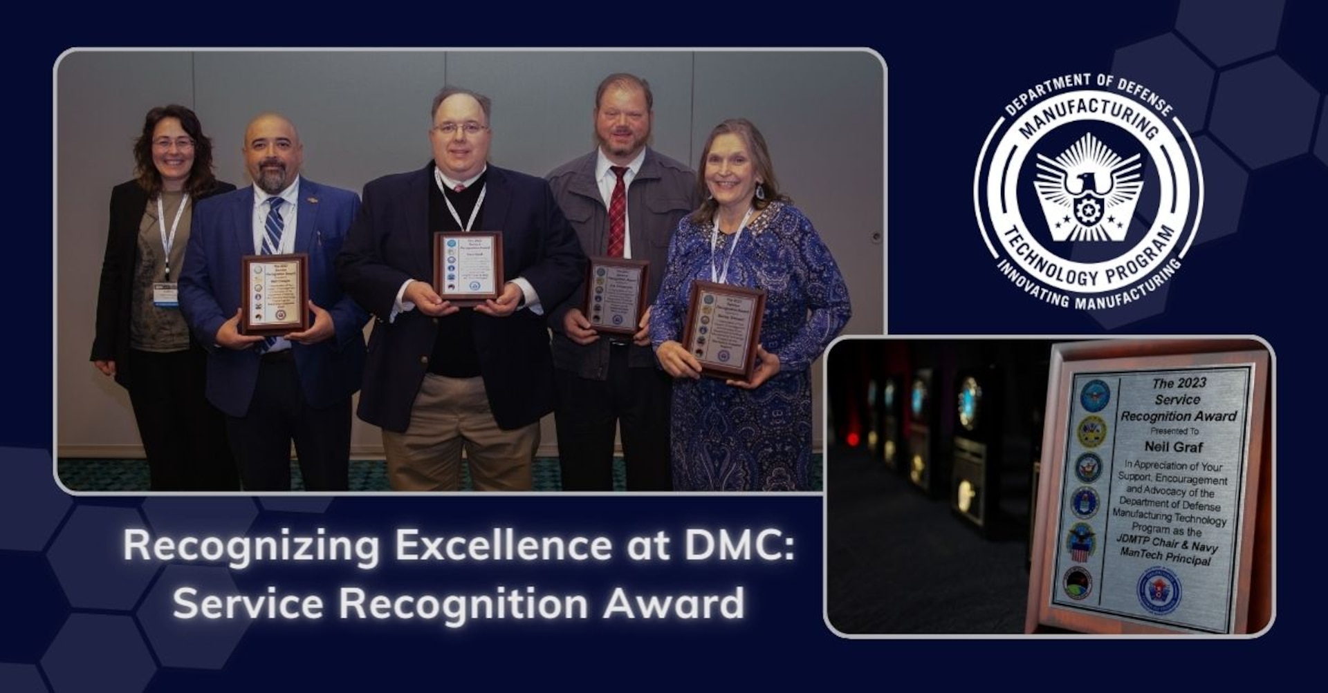 The five winners of the JDMTP Service Recognition Award at DMC 2023 in Nashville. Mr. Neil Graf, Mr. Will Crespo, Mr. Joseph Grobmyer, Ms. Becky Stewart, and Ms. Andrea Simmons.