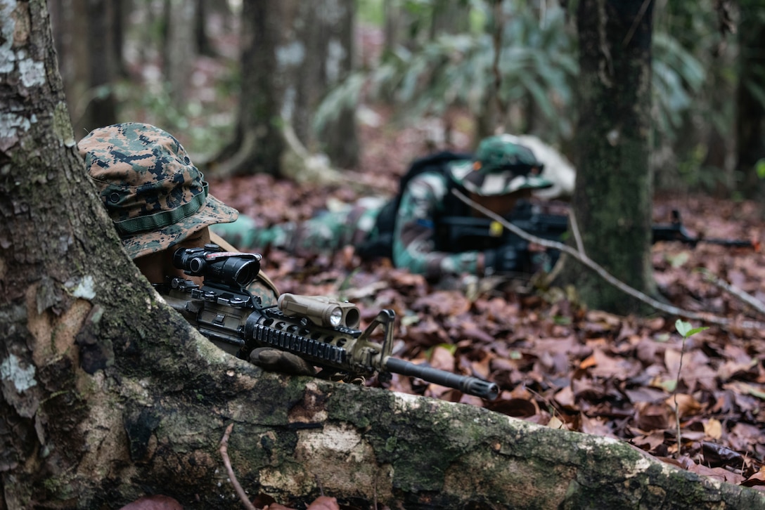 U.S. Marine Corps Lance Cpl. Christian Tristan, an anti-tank missile gunner with 1st Battalion, 7th Marines, attached to Marine Rotational Force-Southeast Asia and an Indonesian marine with 4th Marine Infantry Brigade, Pasmar 1, participates in an ambush patrol training during Keris Marine Exercise 2023 at Piabung Training Area in Sukabumi, West Java, Indonesia, Nov. 25, 2023. Keris MAREX is a bilateral exercise led by the U.S. Marine Corps and the Indonesian Marine Corps, or Korps Marinir, to promote military interoperability and maritime domain awareness capabilities, strengthen relationships, and expand military capabilities among participating forces in the advancement of a Free and Open Indo-Pacific. MRF-SEA is a Marine Corps Forces Pacific operational model that involves exchanges with subject matter experts, promotes security goals with Allies and partners, and positions I MEF forces west of the International Date Line. (U.S. Marine Corps photo by Sgt. Shaina Jupiter)