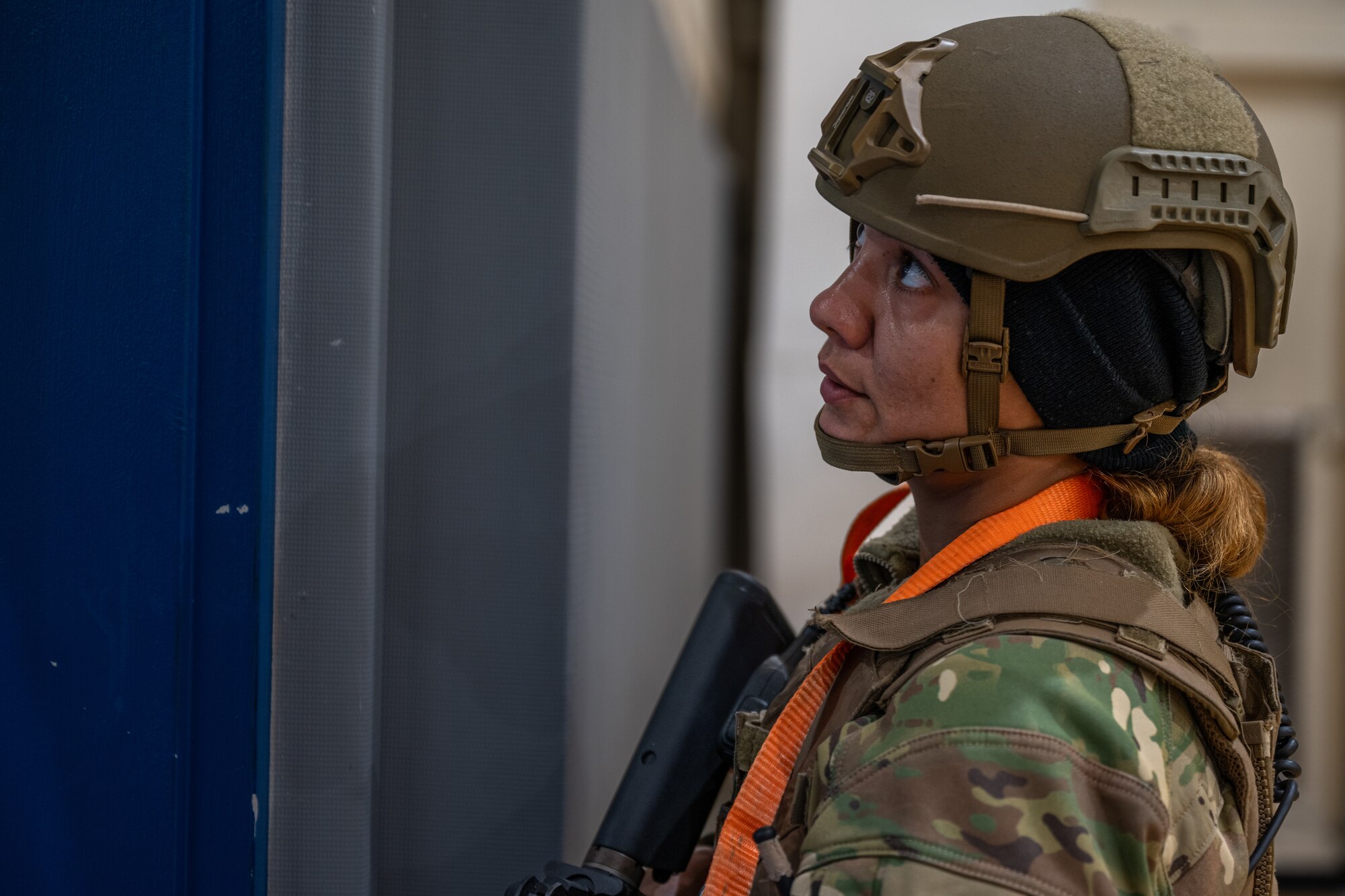U.S. Air Force Staff Sgt. Michelle Lindo, 1st Special Operations Security Forces Squadron military working dog handler, participates in an active shooter exercise at Hurlburt Field, Florida, Nov 15, 2023. The exercise prepares Airmen for real world scenarios.