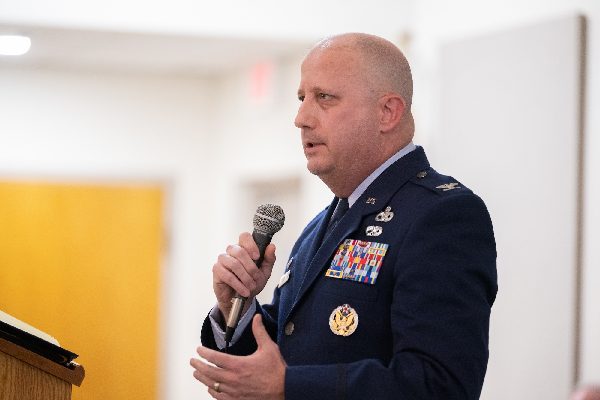 U.S. Air Force Col. Bary Flack, 436th Mission Generation Group commander, speaks at a Wreaths Across America Honor Stop at the Harrington Fire House near Dover Air Force Base, Delaware, Dec. 14, 2023. Members of WAA made an Honor Stop in Harrington, DE for a public memorial service honoring fallen service members. (U.S. Air Force photo by Mauricio Campino)