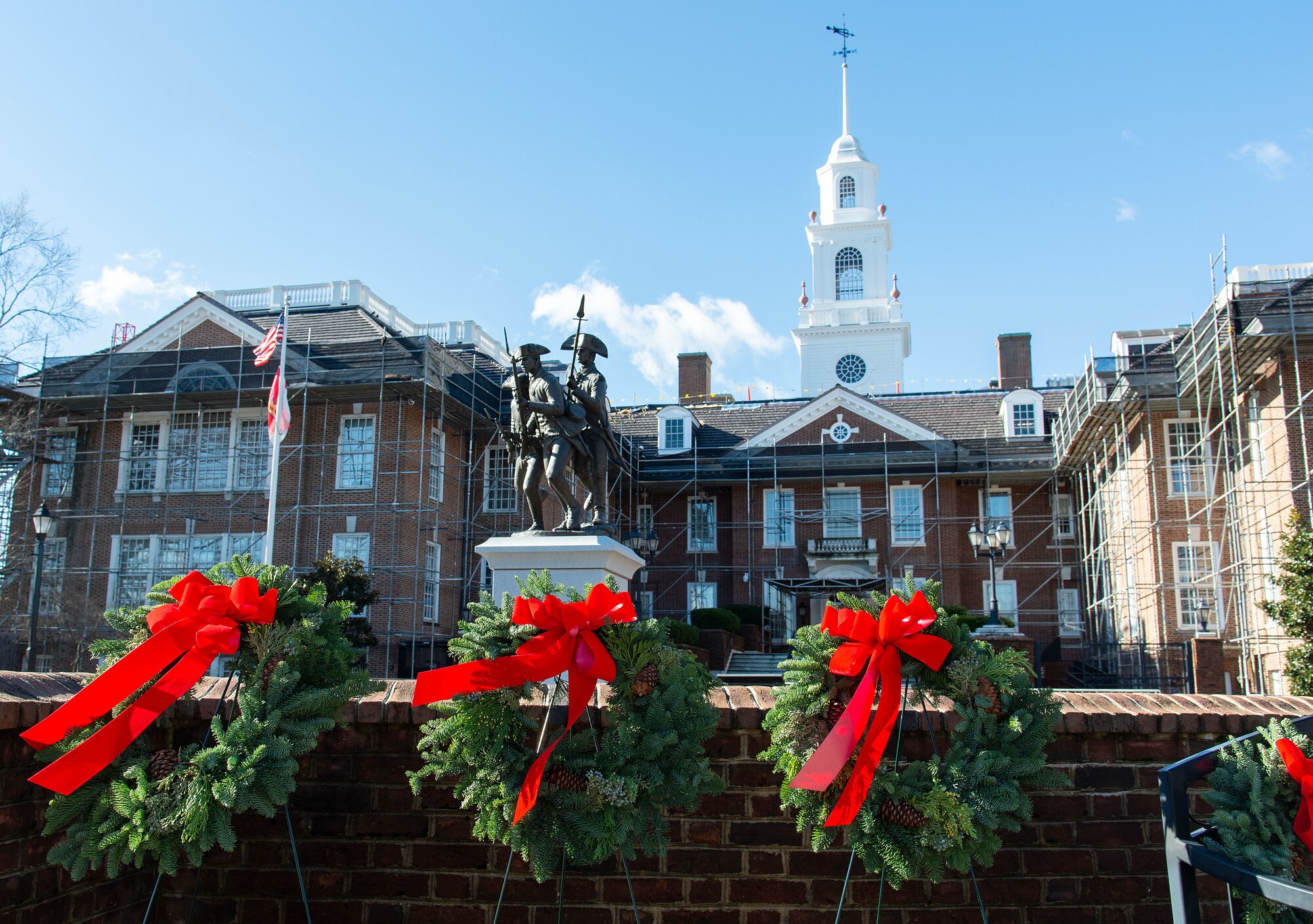 The Delaware General Assembly welcomes Wreaths Across America to the First State during a ceremony held at Legislative Hall, Dover, Delaware, Dec. 11, 2023. After the ceremony, wreaths were laid at numerous memorials near Legislative Hall in honor of U.S. veterans. National WAA Day is Dec. 16. (U.S. Air Force photo by Roland Balik)