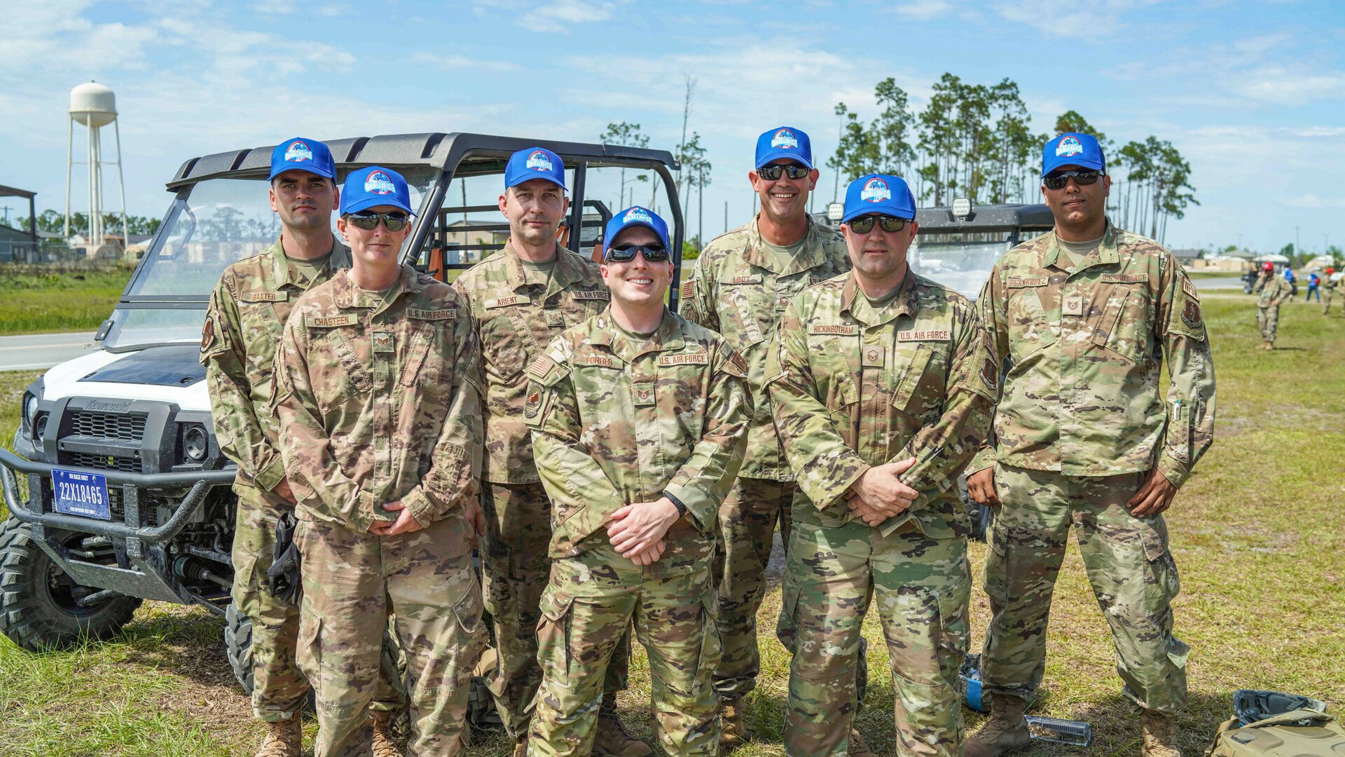 A team of Airmen representing the Air National Guard took second place in the U.S. Air Force Civil Engineer Readiness Challenge held April 24-28, 2023, at Tyndall Air Force Base, Fla. One component of the team, a group of Airmen specializing in water and fuel systems maintenance, included two members from the Kentucky Air Guard’s 123rd Civil Engineer Squadron: Staff Sgt. Tristen Baxter, far left, and Staff Sgt. Cathy Chasteen, second from left. (U.S. Air Force photo by Francois Wood)