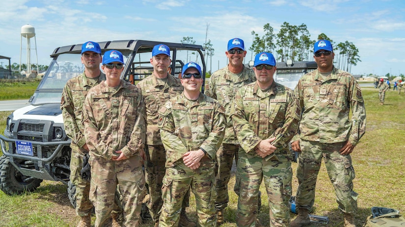 A team of Airmen representing the Air National Guard took second place in the U.S. Air Force Civil Engineer Readiness Challenge held April 24-28, 2023, at Tyndall Air Force Base, Fla. One component of the team, a group of Airmen specializing in water and fuel systems maintenance, included two members from the Kentucky Air Guard’s 123rd Civil Engineer Squadron: Staff Sgt. Tristen Baxter, far left, and Staff Sgt. Cathy Chasteen, second from left. (U.S. Air Force photo by Francois Wood)