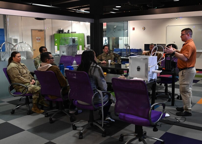 U.S. Air Force Staff Sgt. Chad Bohr, Spark X Cell technician, teaches 3D modeling at the Spark X Idea and Innovation Center at Joint Base Andrews, Md., Dec. 1, 2023.