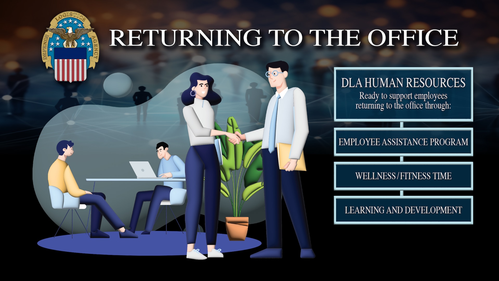 A graphic depicting two people shaking hands with the headline "Returning to the office" with boxes of text on the right hand side.