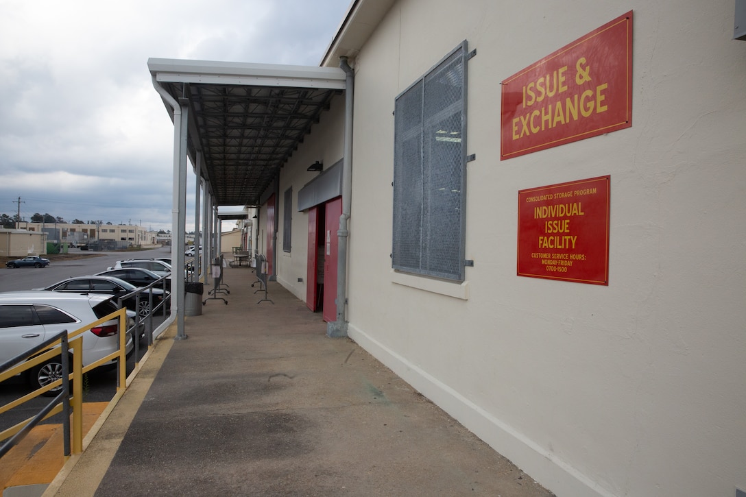 The Individual Issue Facility (IIF), located in Building 1211 on Birch Street, stands on Marine Corps Base Camp Lejeune, North Carolina, Dec. 7, 2023. The IIF provides Marines items such as Kevlar helmets, flak vests and cold-weather gear, to ensure they are ready for training and deployments. (U.S. Marine Corps photo by Cpl. Jorge Borjas)