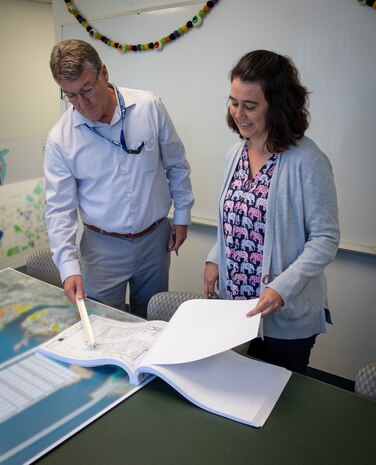 Bill Logsdon, Naval Surface Warfare Center Panama City Division Infrastructure Division (NSWC PCD) head, and Kelley Close, NSWC PCD Facilities head, review the design of the command Diving Equipment Fabrication Test and Assembly building’s canopy enclosure and extension, Oct. 25. This division consists of four branches—facilities, infrastructure support, environmental and safety—staffed by more than 40 personnel ranging from civilians to contractors to military service members from the Personnel Force Innovation (PFI) Program. (U.S. Navy photo by Anthony Powers)