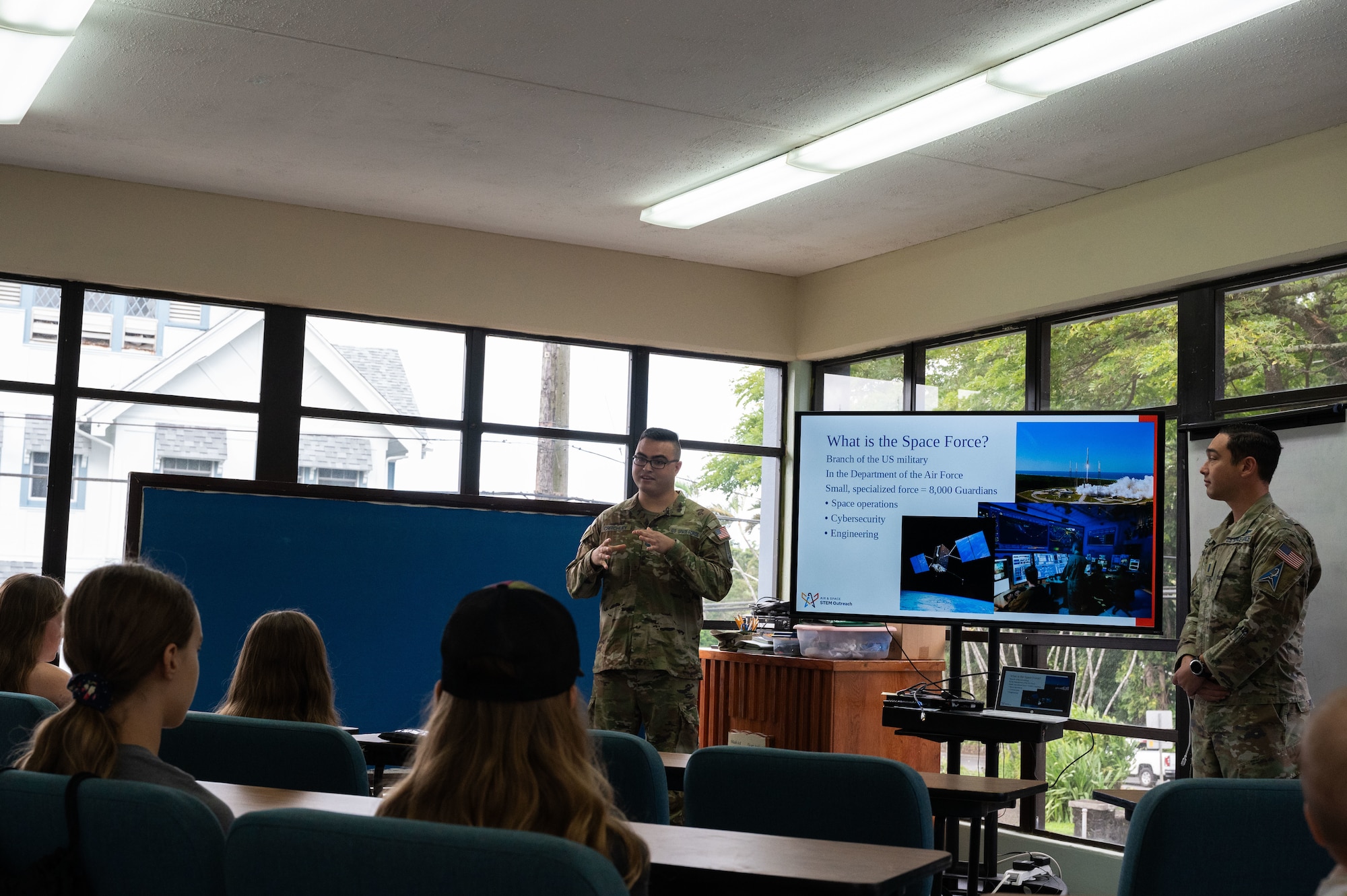Guardians from U.S. Space Forces Indo-Pacific hosted a Science, Technology, Engineering and Mathematics (STEM) to Space event with home school educators and students from around the island of Oahu, Honolulu, Hawaii, December 15, 2023. STEM to Space was designed to facilitate virtual connections between Space Force Guardians and students to share the importance to STEM careers related to space. Students learned about how the Space Force contributed to national security and the daily life around the United States. (U.S. Air Force photo by Tech. Sgt. Hailey Haux)
