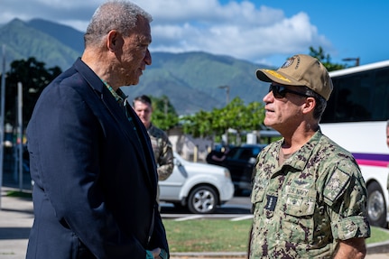 Adm. John C. Aquilino, commander, U.S. Indo-Pacific Command, meets with Maui Mayor Richard Bissen on Dec. 14 during a visit to recognize community leaders, volunteers, first responders, and U.S. Army Corps of Engineers supporting ongoing recovery efforts on Maui, deepening the relationship between the state and the USINDOPACOM mission. USINDOPACOM is committed to enhancing stability in the Indo-Pacific region with its Allies and partners by promoting security cooperation, encouraging peaceful development, responding to contingencies, deterring aggression and, when necessary, fight to win. (U.S. Navy photo by Chief Mass Communication Specialist Shannon M. Smith)